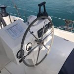 Fountaine Pajot Saba 50 catamaran helm station with elevated steering position and navigation controls