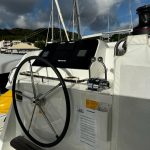 Lagoon 42 catamaran helm station with panoramic sailing views