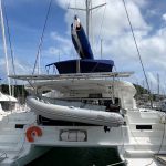 Lagoon 46 catamaran stern access with wide steps and swim platforms for boarding