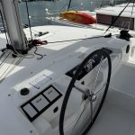 Lagoon 46 catamaran helm station with elevated steering position and navigation controls