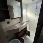 Lagoon 46 catamaran bathroom with shower, washbasin and marine toilet