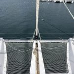 Lagoon 46 catamaran bow trampoline with open views of the Caribbean Sea